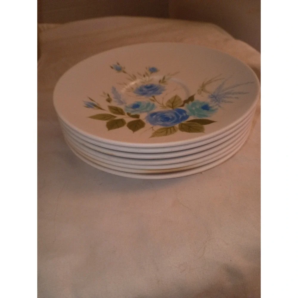 Vintage Blue Rose Melamine Saucers Set of 6 Floral Mid Century Modern Plates